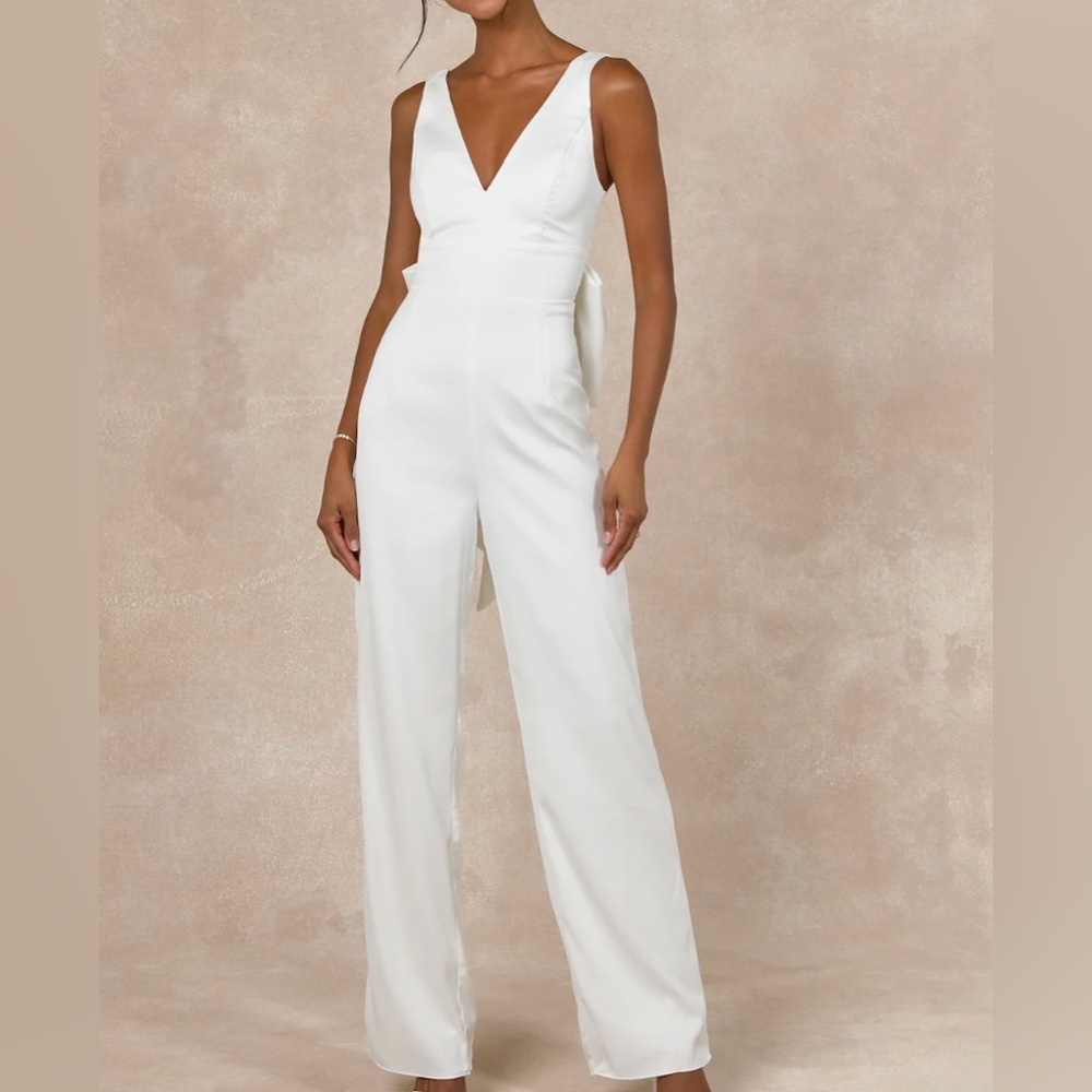Lulu's Angelic Aesthetic Ivory Satin Bow Back Sleeveless Jumpsuit